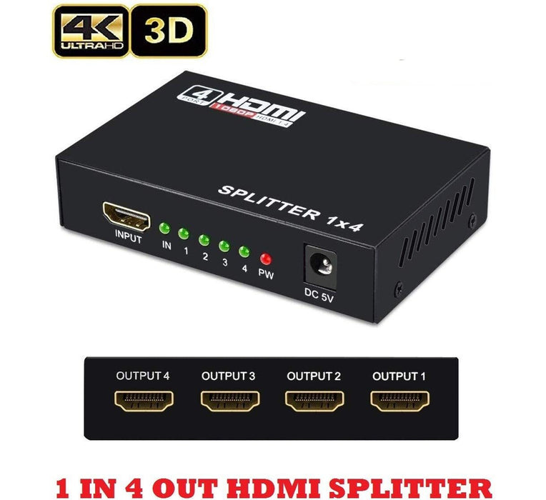 1 IN 4 OUT 4K 3D 1080P Full HD HDMI Splitter Amplifier Duplicator 1X4 Hub DVD - Battery Mate