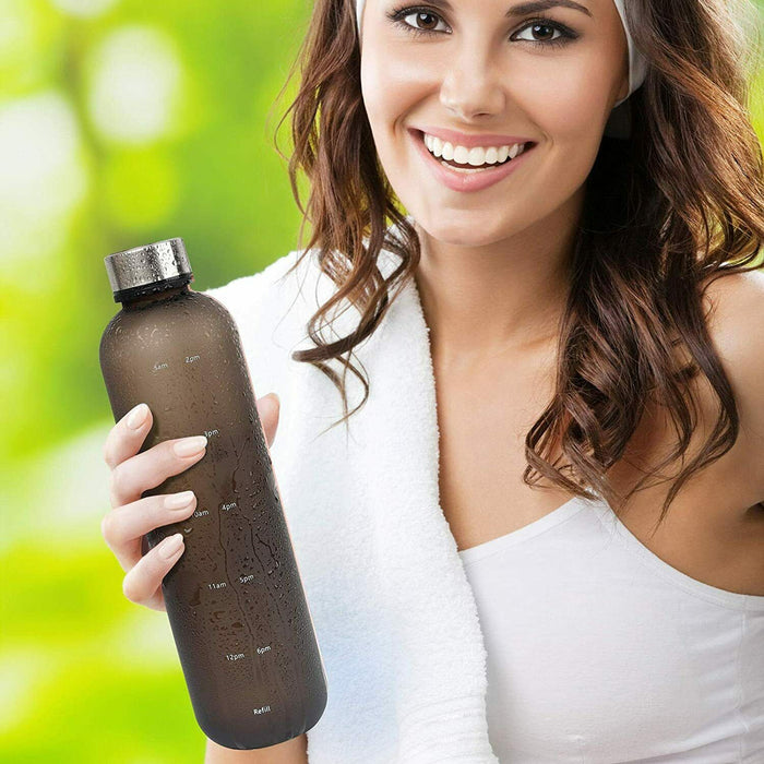 1 Litre Motivational Sports Water Bottle with Time Markings - Battery Mate