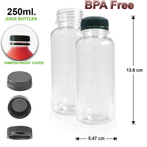 10 Pack | 250ml Clear Bottles Round PET With Black Lids Tamper Evident - Battery Mate