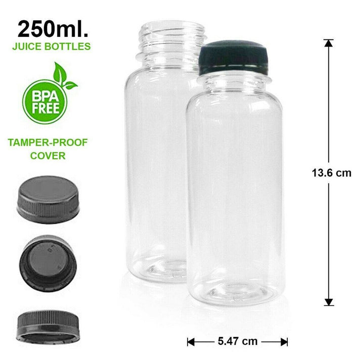 10 Pack | 250ml Clear Bottles Round PET With Black Lids Tamper Evident - Battery Mate