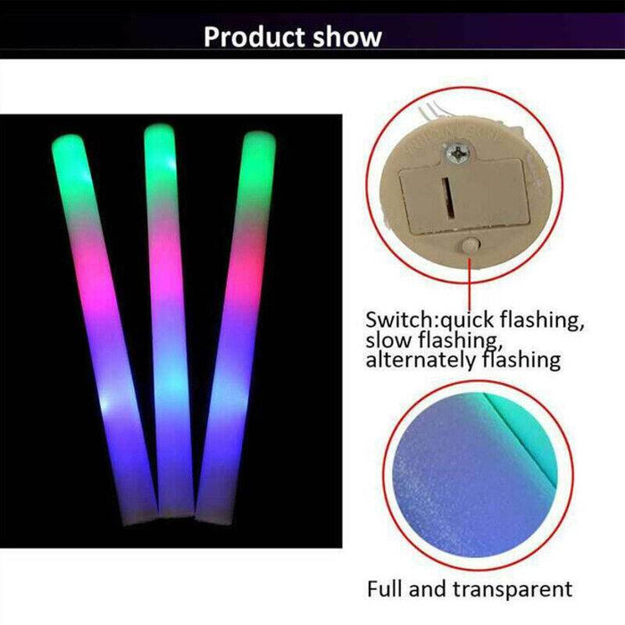 10 Pack | LED Foam Sticks RGB Thunder Wand Glow Sticks Flashing Light Rave Party - Battery Mate