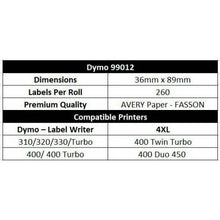 Load image into Gallery viewer, 10 Roll | Dymo Compatible 99012 SD99012 LabelWriter 450 Seiko Product Labels 36mm x 89mm - Battery Mate