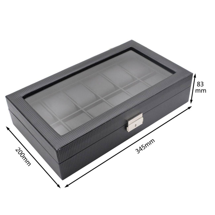 12 Grids Carbon Fiber High-Grade Box Watch Storage Case Display OrganizerGift - Battery Mate