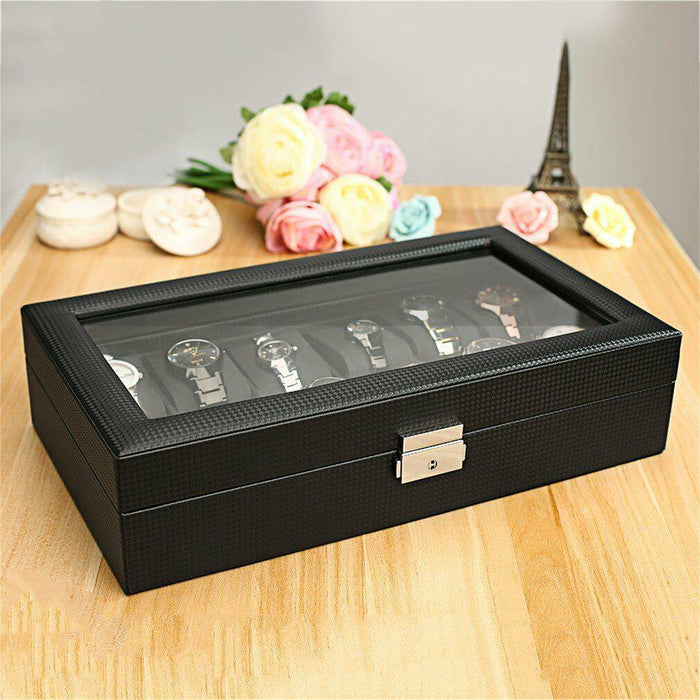 12 Grids Carbon Fiber High-Grade Box Watch Storage Case Display OrganizerGift - Battery Mate