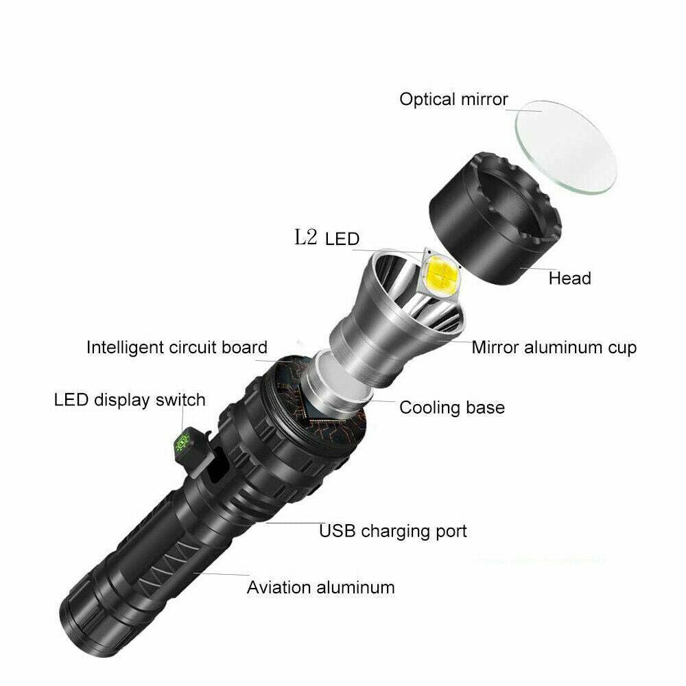 180000LM L2 LED Tactical Flashlight USB Rechargeable Camping Hunting Torch - Battery Mate