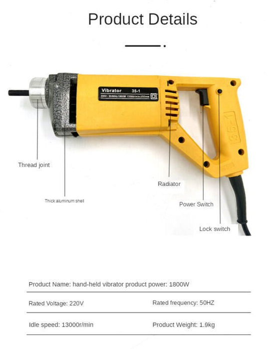 1800W Portable Electric Concrete Vibrator w/ Needle 2m Hose Cement Construct - Battery Mate