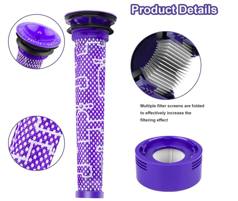 2 Pack Replacement Filter for Dyson V7 V8 Vacuum Parts,2pcs Pre-Filters and 2pcs HEPA Post-Filters Compatible with Dyson V7 V8 Animal and Absolute Vacuum Cleaner,Replaces Part # 965661-01 and 967478-01 (2 Set) - Battery Mate