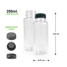 Load image into Gallery viewer, 20 Pack | 250ml Clear Bottles Round PET With Black Lids Tamper Evident - Battery Mate