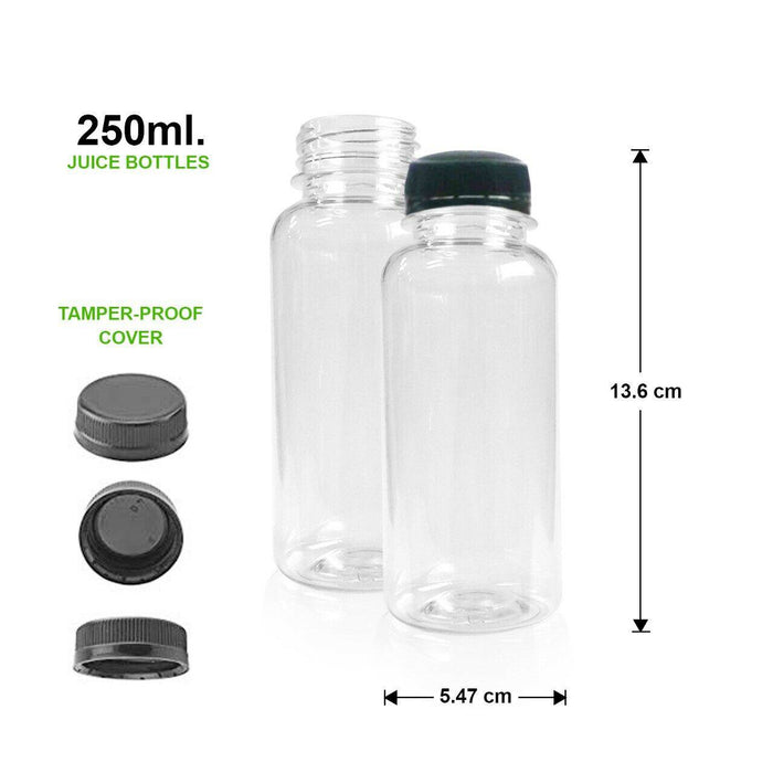 20 Pack | 250ml Clear Bottles Round PET With Black Lids Tamper Evident - Battery Mate