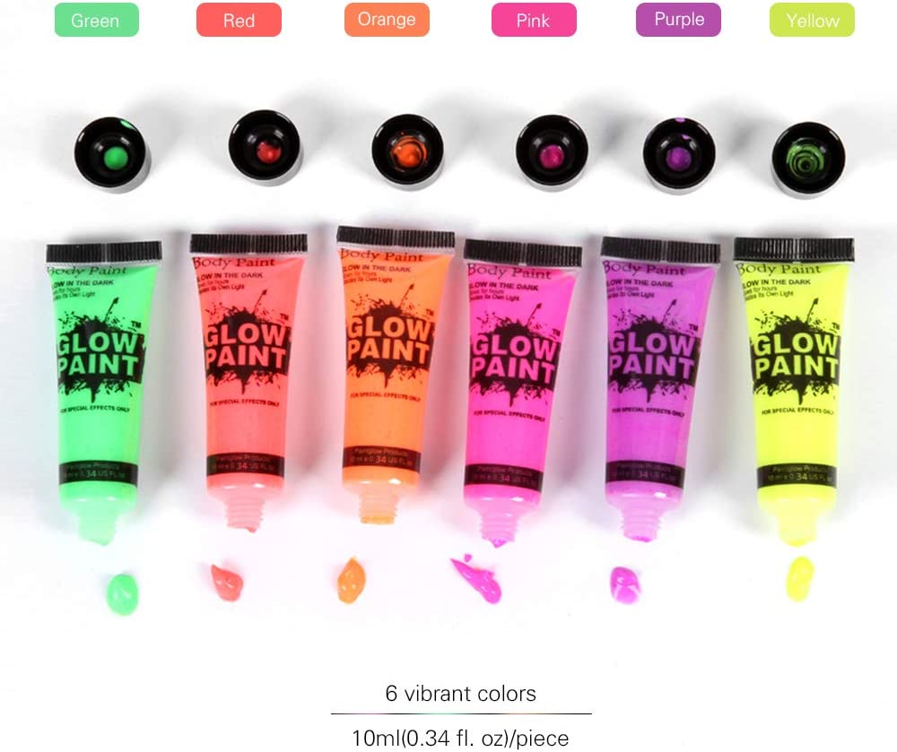 24 Tubes 25ml Art Body Paint Glow inLight Face & Body Paint with 6 Colors Glow Blacklight Neon Fluorescent for Party Clubbing Festival Halloween Makeup - Battery Mate