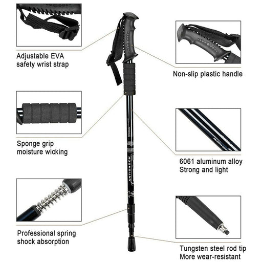 2x New Hiking Trekking Poles Walking Stick Adjustable Camping Black Lightweight - Battery Mate