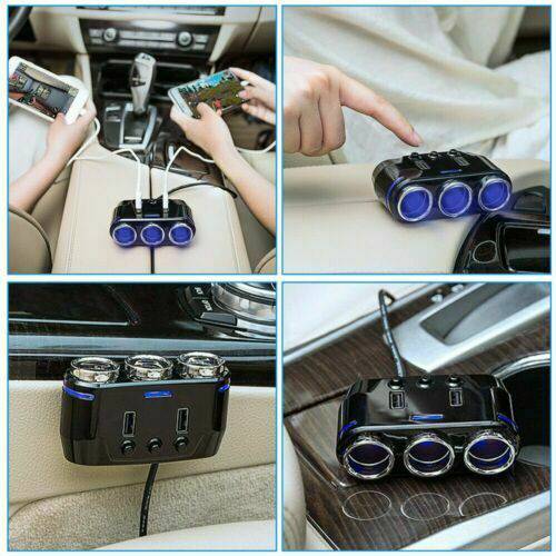 3 Port Car Cigarette Lighter Socket Splitter Adapter + Dual USB Fast Charger - Battery Mate