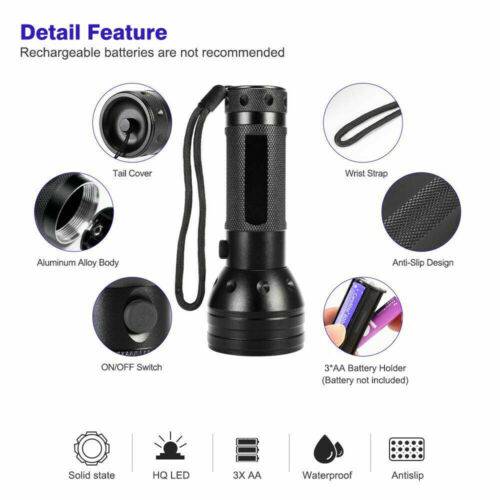51 LED UV Flashlight Torch Light Lamp Ultraviolet Blacklight Aluminum 395 nM AUS - Battery Mate