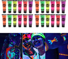 Load image into Gallery viewer, 6 Tubes 25ml Art Body Paint Glow inLight Face &amp; Body Paint with 6 Colors Glow Blacklight Neon Fluorescent for Party Clubbing Festival Halloween Makeup - Battery Mate