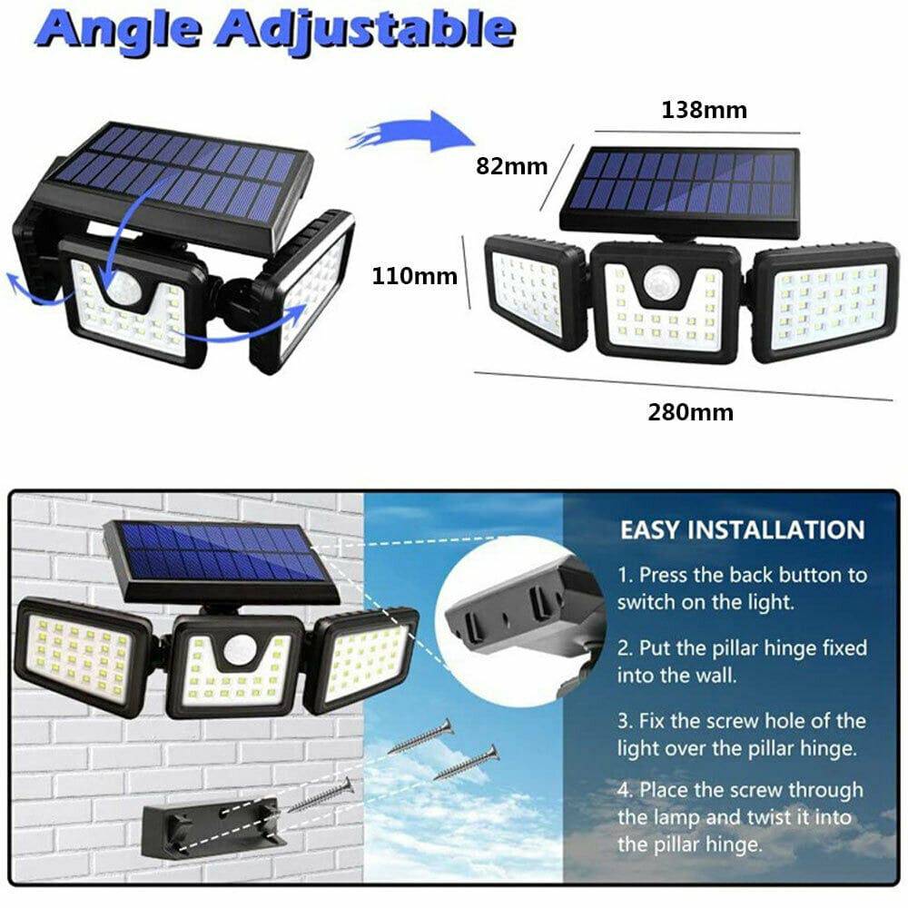 74 LED 3 Head Garden Solar Lights Outdoor Fence Security Motion Sensor Lamp AU - Battery Mate