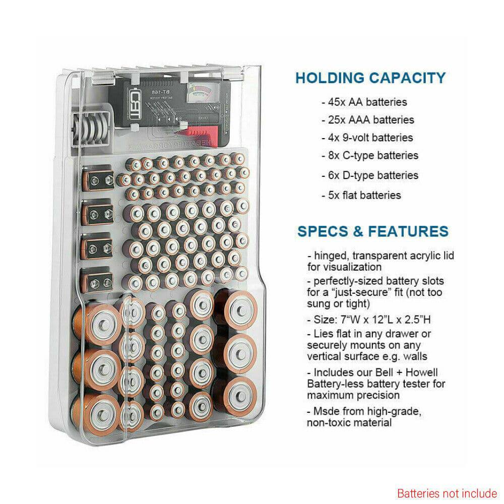 93 Slot Battery Storage Organizer Holder with Tester-Battery Caddy Rack Case Box - Battery Mate
