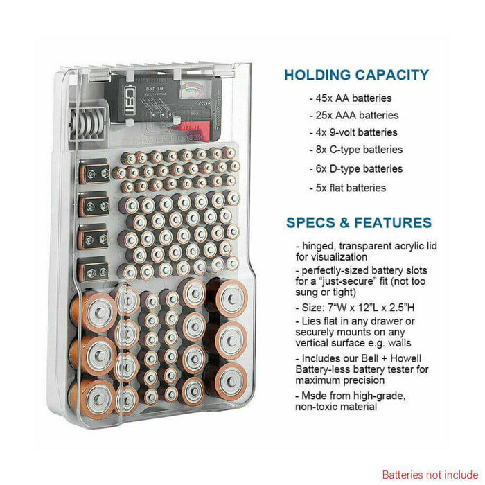 93 Slot Battery Storage Organizer Holder with Tester-Battery Caddy Rack Case Box - Battery Mate