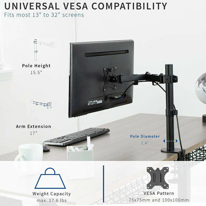 Adjustable Monitor Stand Single Arm Desk Mount Computer LCD TV Holder Display - Battery Mate