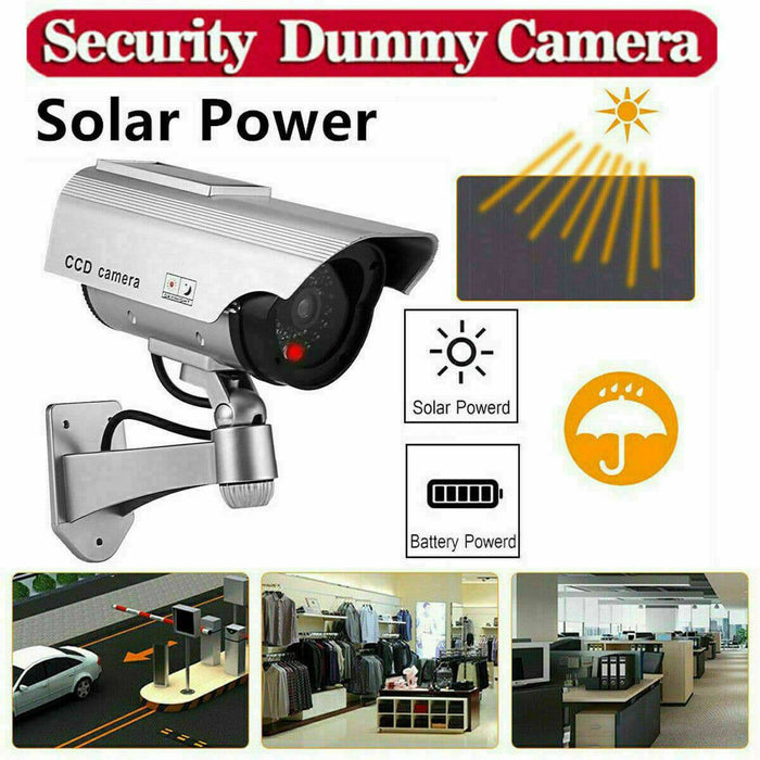 [2 Pack]  Solar Powered Fake Security Camera Outdoor Blinking LED Light Surveillance - Battery Mate