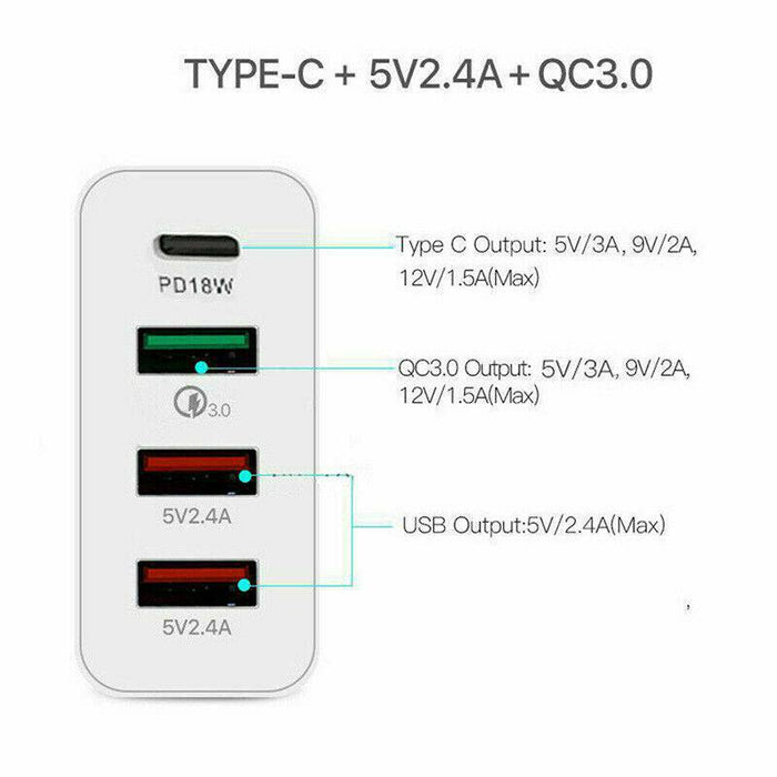 Fast Charging Charger QC3.0 48W PD USB Type C Hub Wall Plug Travel Adapter 4port - Battery Mate