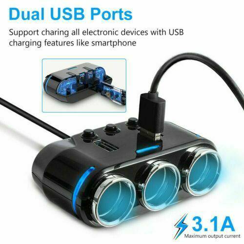 Car Charger Cigarette Lighter 3 Port Power Adapter Socket + Dual USB - Battery Mate