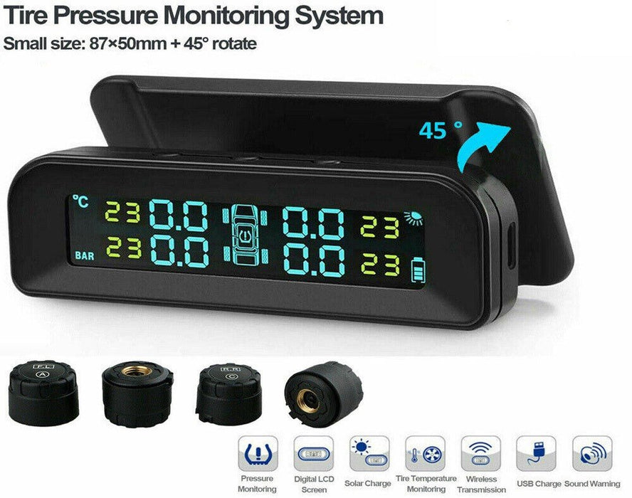 Car TPMS Solar Wireless Tire Tyre Pressure Monitor System LCD Tester+4 Sensors - Battery Mate