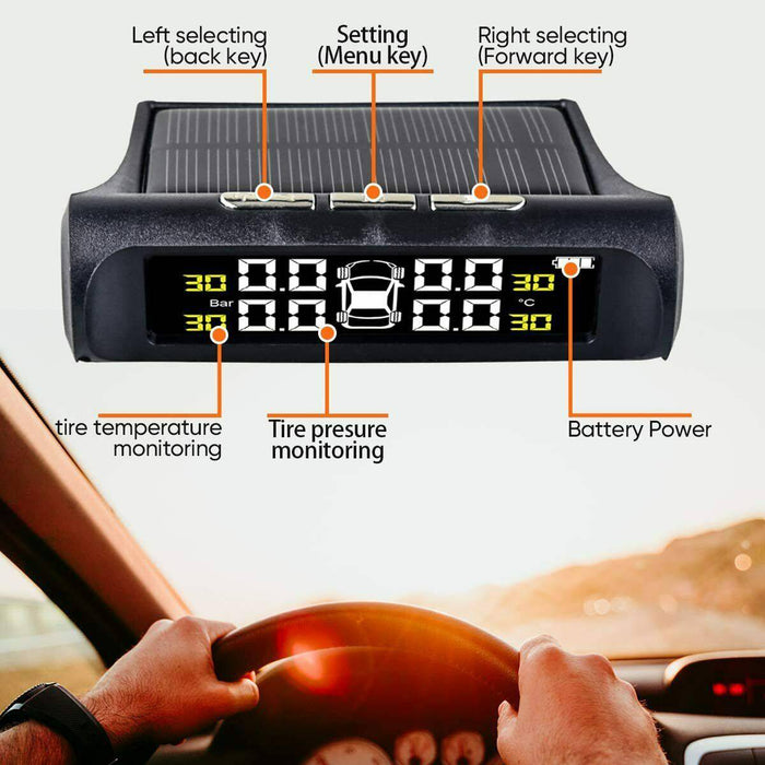 Car TPMS Solar Wireless Tire Tyre Pressure Monitor System LCD Tester+4 Sensors - Battery Mate