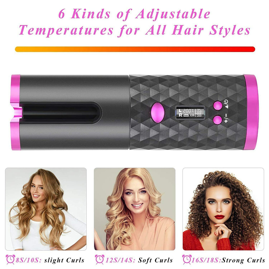 Cordless Automatic Hair Curler [Pink] - Battery Mate