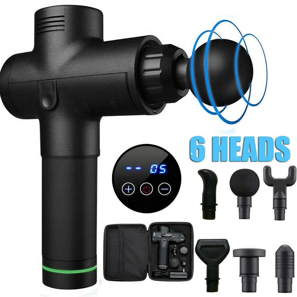 Cordless Strong Massage Gun LCD Deep Tissue Percussion Massager Muscle + 6 Heads - Battery Mate