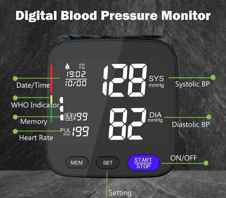 Digital Wrist Blood Pressure Monitor BP Machine Large Cuff Auto Wireless Black - Battery Mate