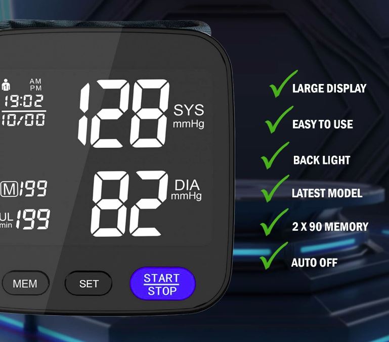 Digital Wrist Blood Pressure Monitor BP Machine Large Cuff Auto Wireless Black - Battery Mate