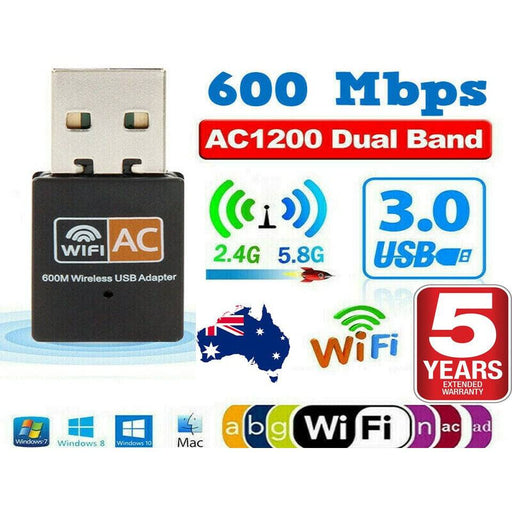 Dual Band 600Mbps USB WiFi Wireless Dongle AC600 Lan Network Adapter 2.4GHz 5GHz - Battery Mate