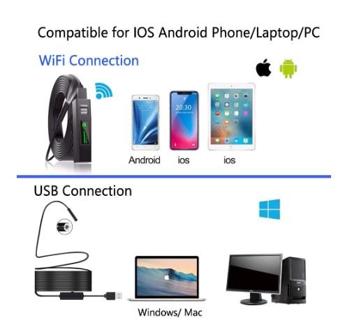 Endoscope USB Inspection Camera Waterproof WiFi Borescope for iPhone Android PC - Battery Mate