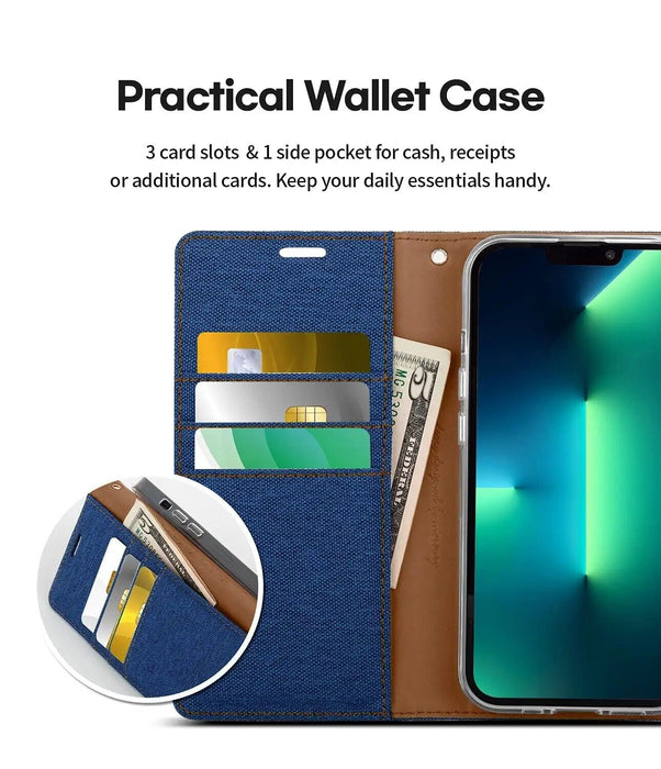 For iPhone 14 Wallet Flip Denim Case Cover - Battery Mate