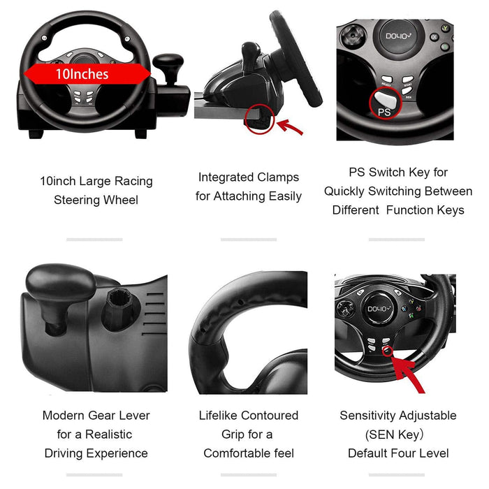 Gaming Racing Steering Wheel | 270 Degree Driving Force Sim with Responsive Gear and Pedals - Battery Mate