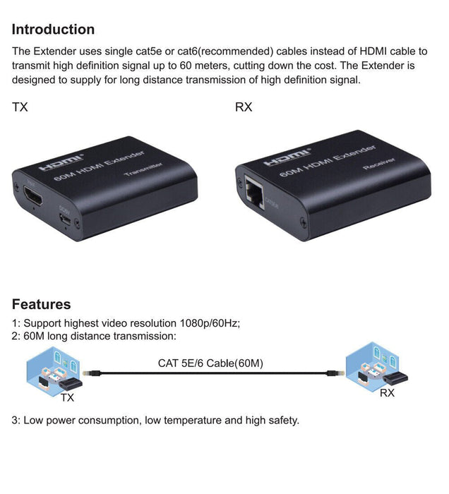 HDMI Extender over Single Network cat5e/6 RJ45 Ethernet Cable up 60m PC Laptop - Battery Mate