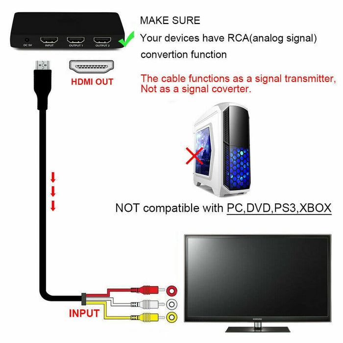 HDMI to 3 RCA Video Audio Adaptor AV Cable Male Adapter TV DVD Player Converter - Battery Mate