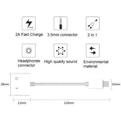 iPhone to 3.5mm Splitter 2in1 Adapter to AUX Headphone and Charger - Battery Mate