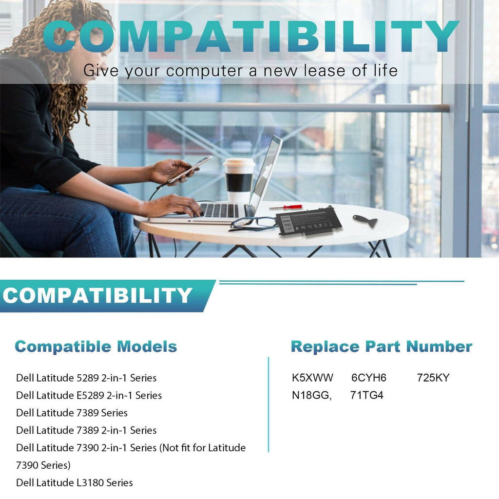 K5XWW Battery for Dell Latitude 7389 7390 12 5289 2-in-1 L3180 451-BBZC 71TG4 - Battery Mate