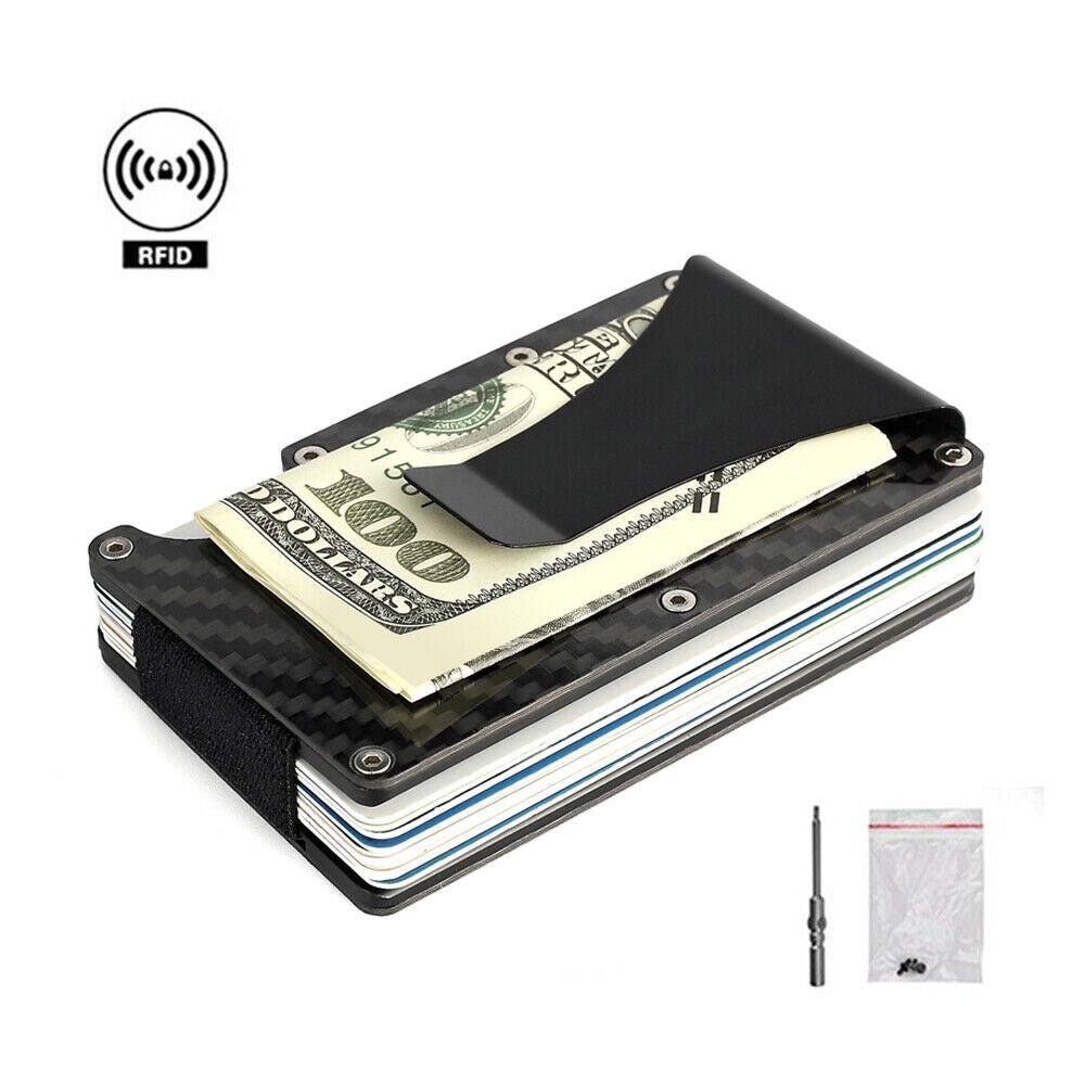 Men Carbon Fiber Credit Card Holder RFID Blocking Slim Wallet Money Clip Purse - Battery Mate
