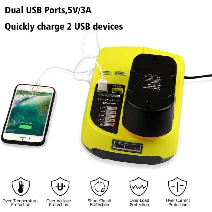 Ryobi One Plus Battery Charger P117 Replacement | 18V-12V Dual Chemistry IntelliPort - Battery Mate