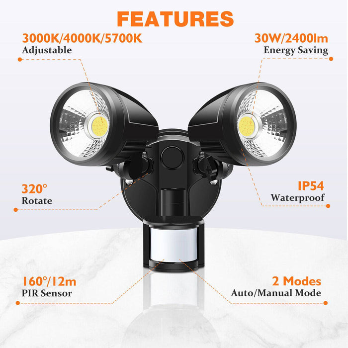 Sensor LED Premium Aluminium Outdoor Garage Security Flood Twin Spotlight IP54 | Black - Battery Mate