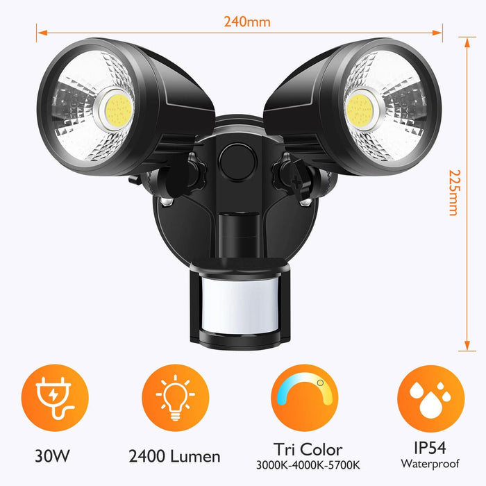 Sensor LED Premium Aluminium Outdoor Garage Security Flood Twin Spotlight IP54 | Black - Battery Mate