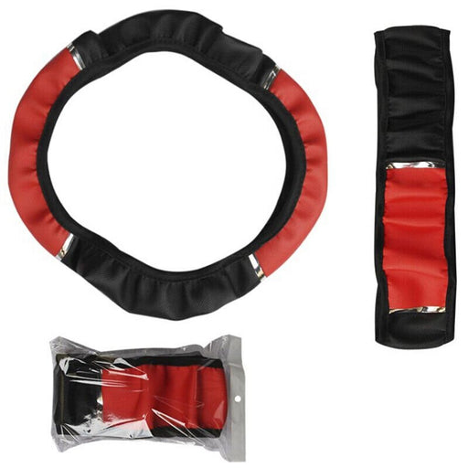 Universal 15" 38cm Leather Black Red Auto Car Steering Wheel Cover Non-slipS.GA - Battery Mate