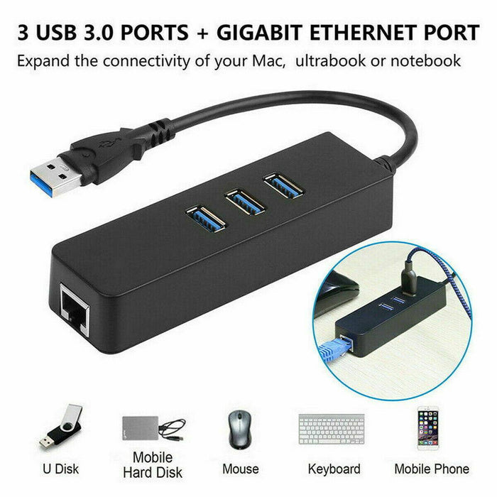 USB 3.1 to HUB 3 Port & RJ45 Gigabit Ethernet Adapter 3.0 USB-C PC MAC - Battery Mate