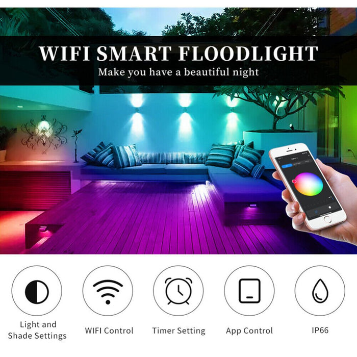 WIFI Smart LED Flood Light RGB Outdoor Spotlight Wall Street Lamp 100W - Battery Mate