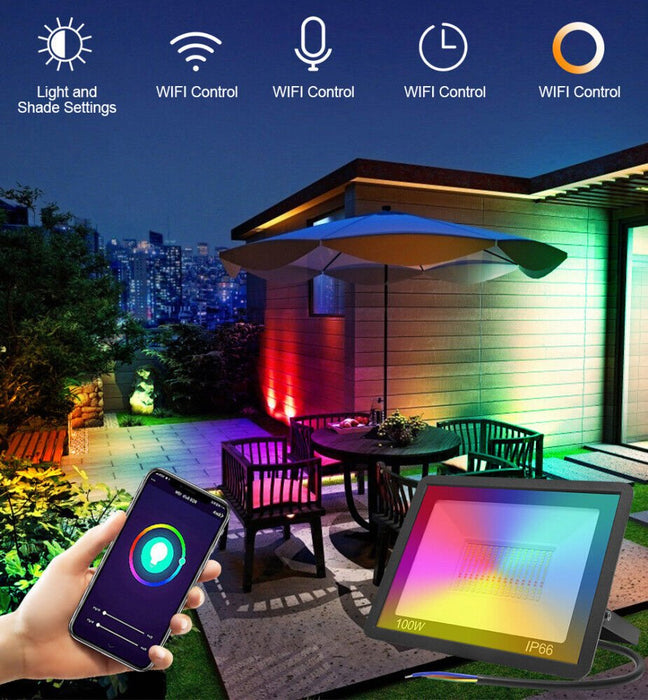 WIFI Smart LED Flood Light RGB Outdoor Spotlight Wall Street Lamp 100W - Battery Mate